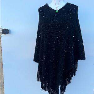 Black Rivet Black Poncho with Fringe